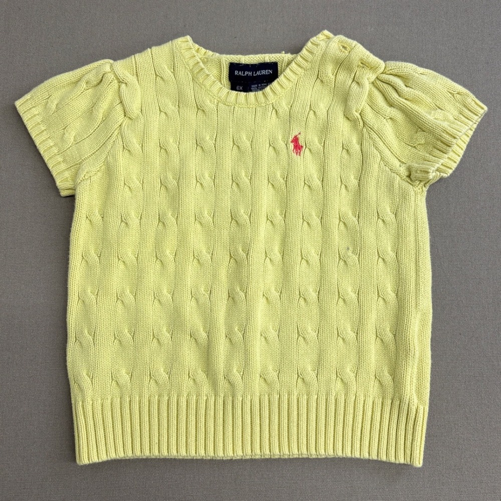 Ralph Lauren Girls Pale Yellow Cable Knit Short Sleeve Puff Sweater Size 6X